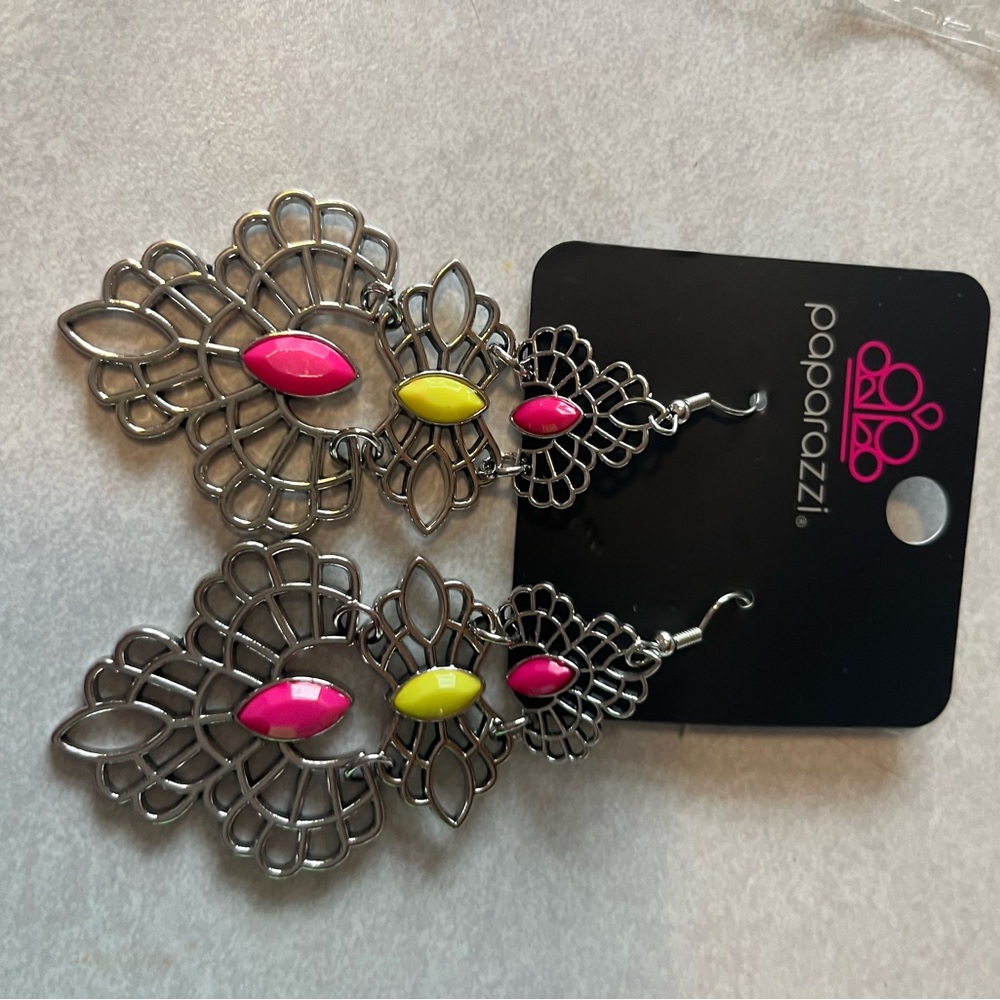 Paparazzi Silver Earrings with Pink and Yellow Highlights